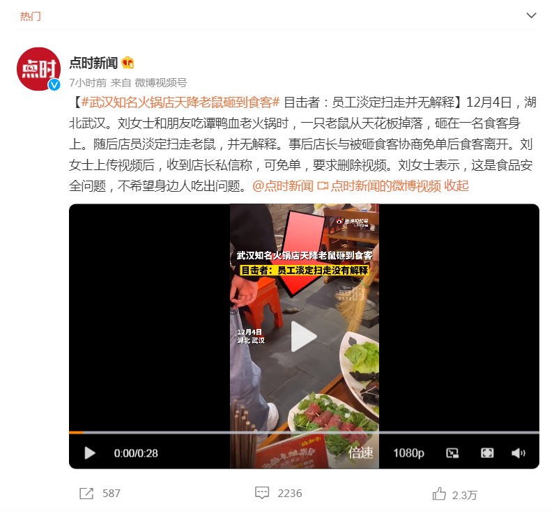 知名火锅店天降老鼠砸到食客，涉事公司回应